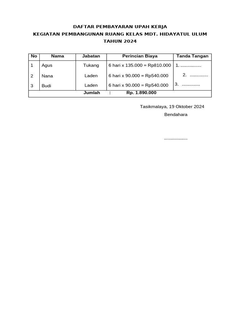 Daftar Pembayaran Upah Kerja | PDF