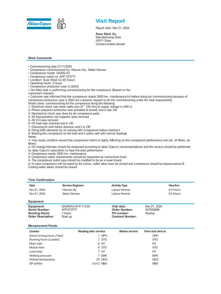 Atlas Copco GA250 A3 Commissioning Report | PDF | Manufactured Goods