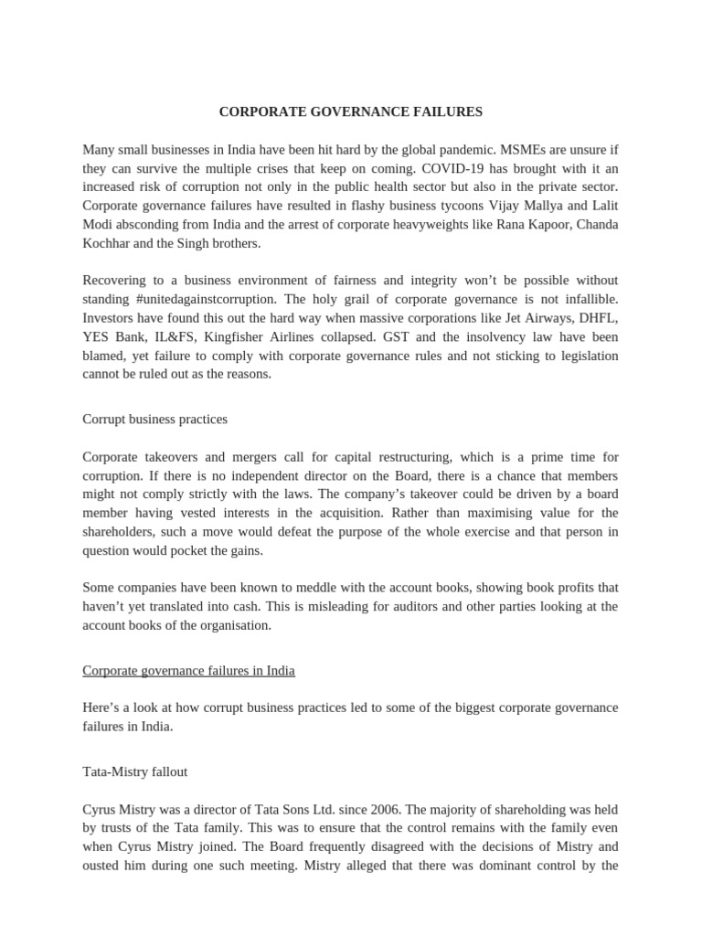 Corporate Governance Failures | PDF | Business | Private Sector