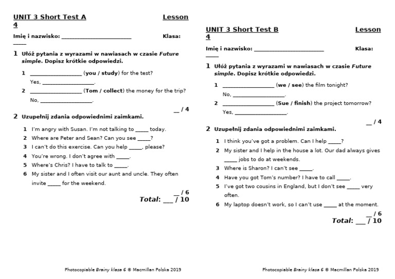 Brainy_kl6_Short_Tests_Unit_3_Lesson_4 | PDF