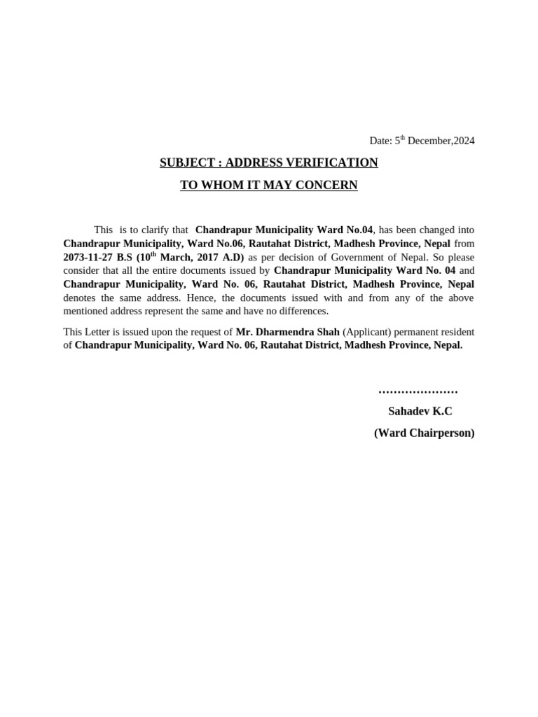 Address Verification for Chandrapur Ward | PDF