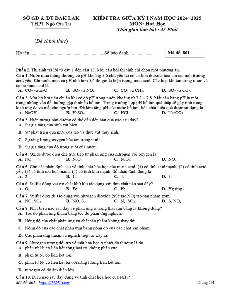 De Giua Ky 1 Hoa Hoc 11 Nam 2024 2025 Truong THPT Ngo Gia Tu Dak Lak | PDF