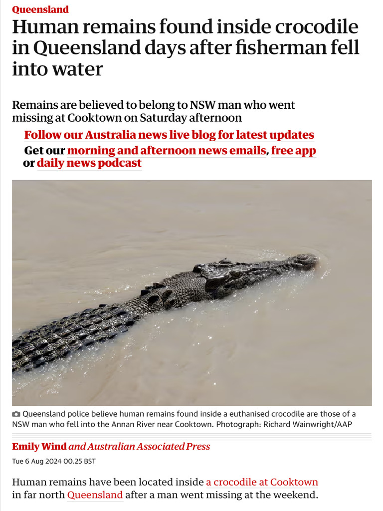 1 Human Remains Found Inside Crocodile in Queensland Days After
