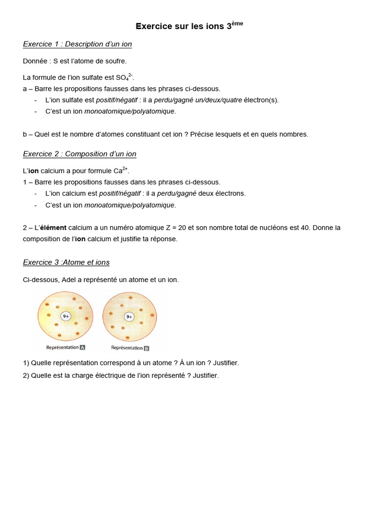Exercice Sur Les Ions 3eme | PDF | Ion | Atomes