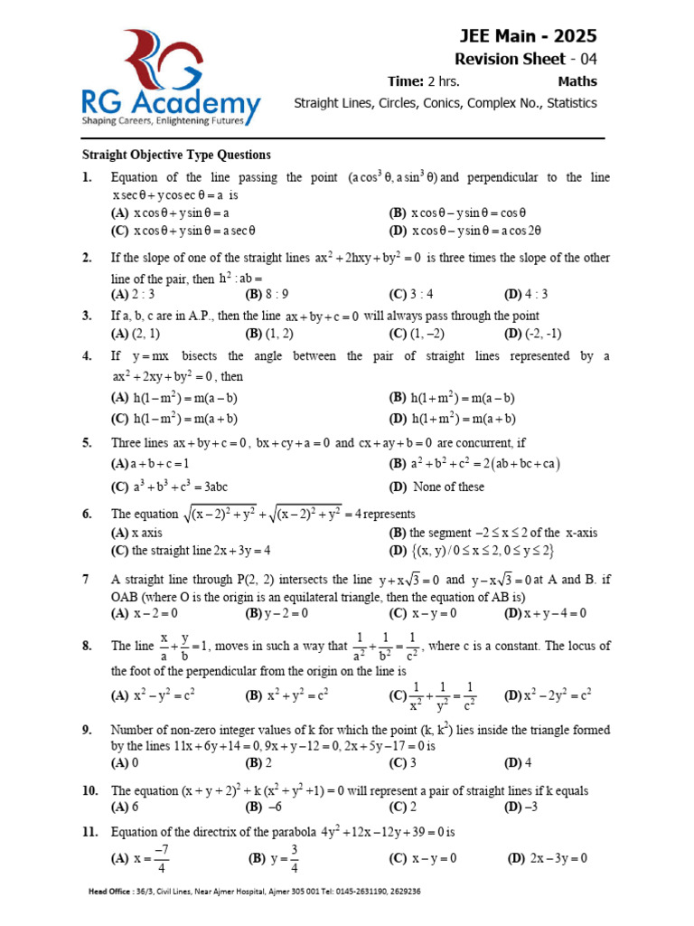 JEE Math Revision: Lines, Circles, Conics | PDF | Line (Geometry) | Euclid