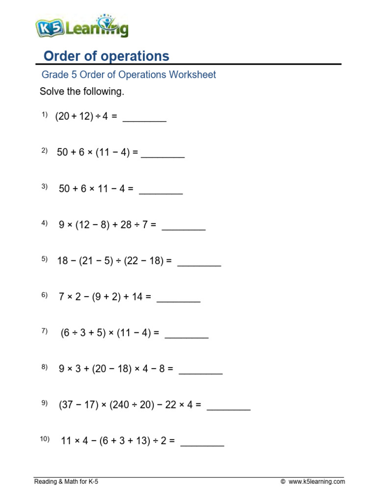 Grade 5 Order Operations 1 | PDF