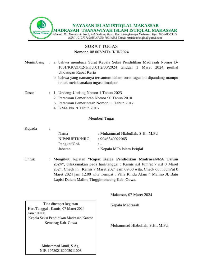 Surat Tugas Raker Penmad | PDF