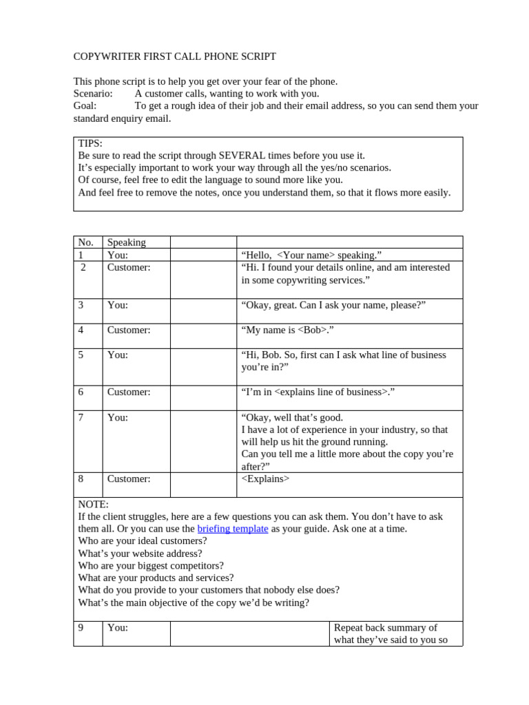 Copywriter Phone Call Script Guide | PDF