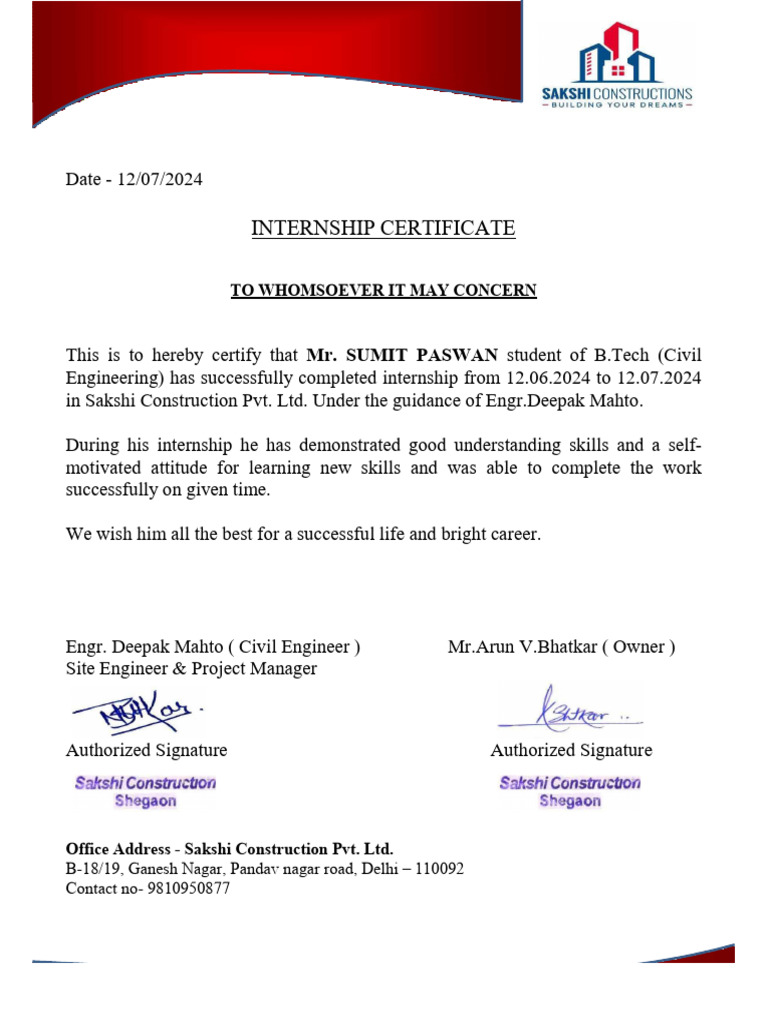 Civil Engineering Internship Certificate | PDF