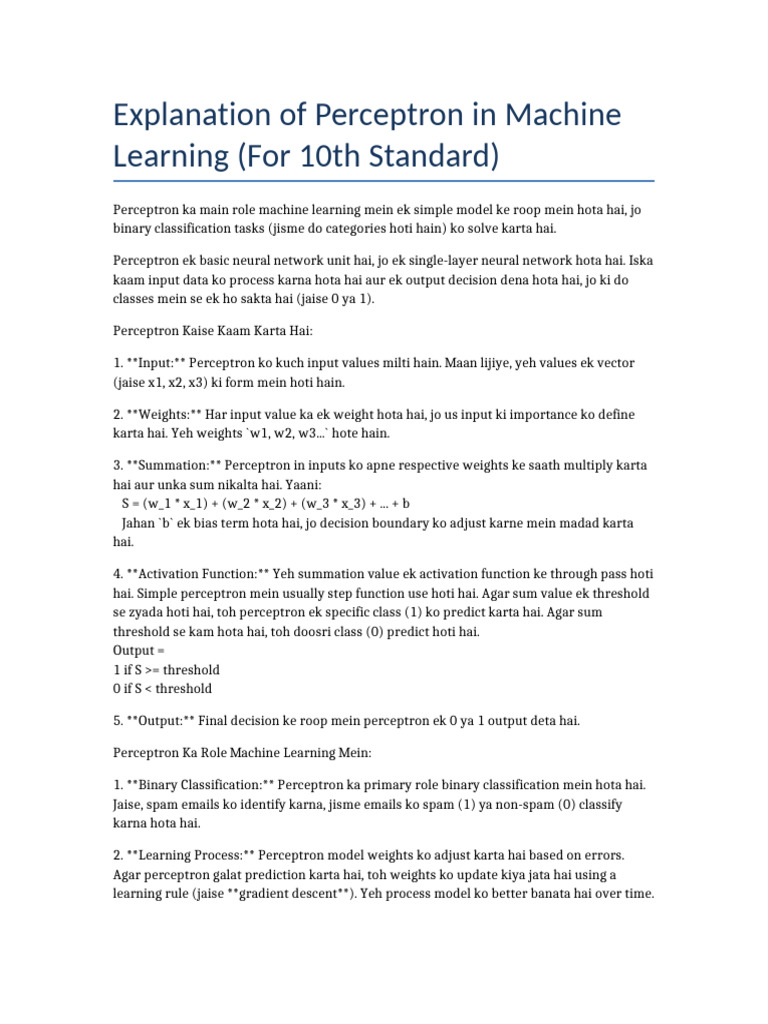 Perceptron Explained for Class 10 | PDF | Artificial Neural Network ...