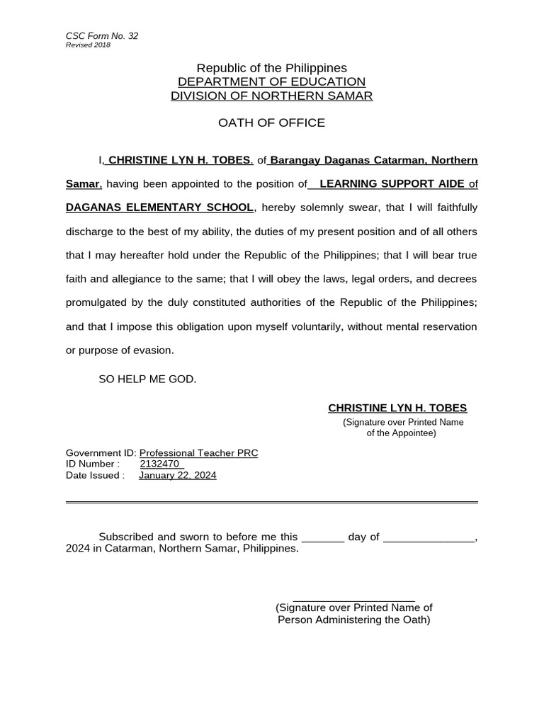 CS Form No. 32 Oath of Office | PDF