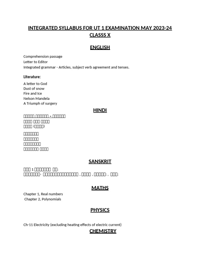Integrated Syllabus For Ut 1 Examination 2023-24 Class X | PDF