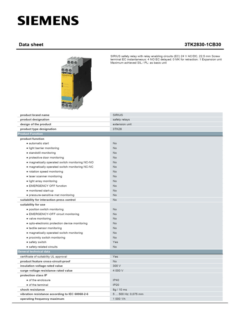 Siemens 3TK2830-1CB30 Safety Relay | PDF | Relay | Alternating Current