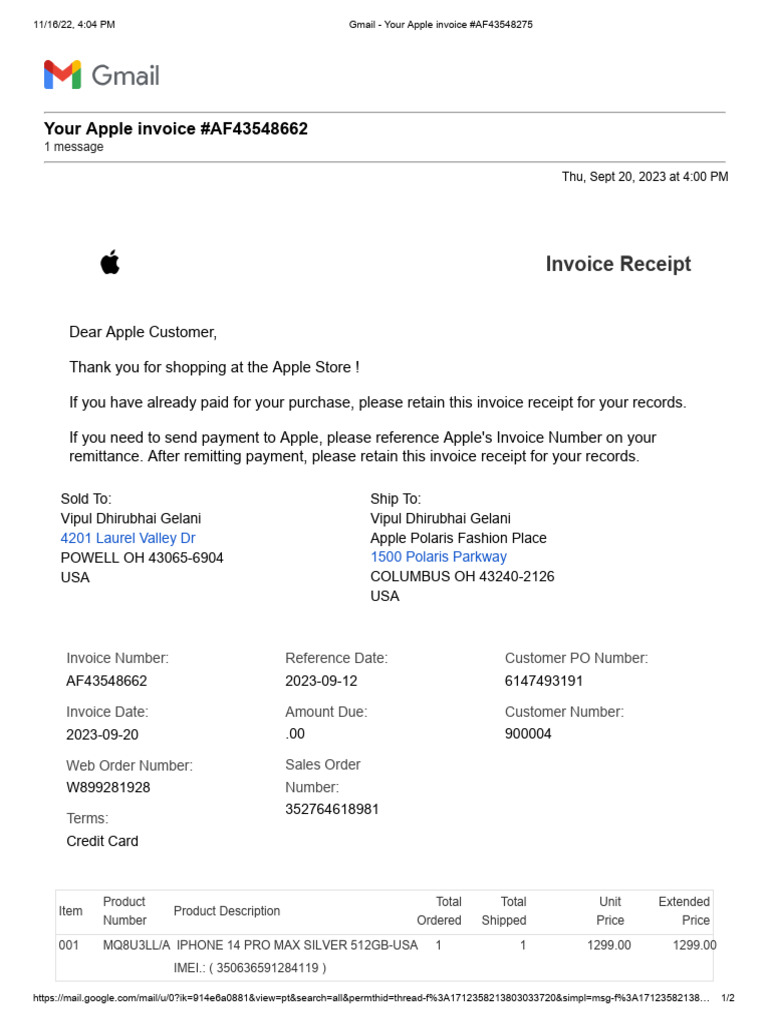 14 Pro Max 512gb Silver Usa Att Apple Store Online | PDF | Invoice ...