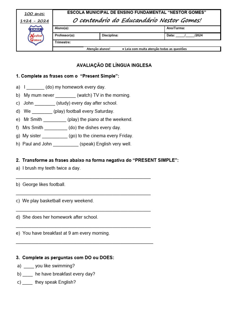 Avaliação de Present Simple em Inglês | PDF