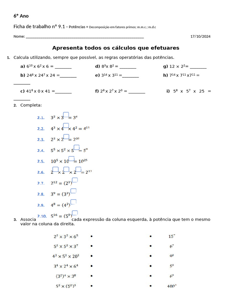 Fichas de Matemática: Potências e Fatores | PDF
