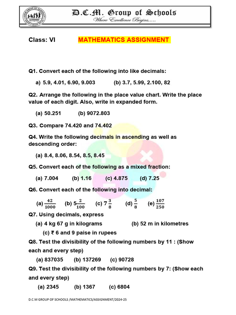Class VI Mathematics Assignment 2024-25 | PDF