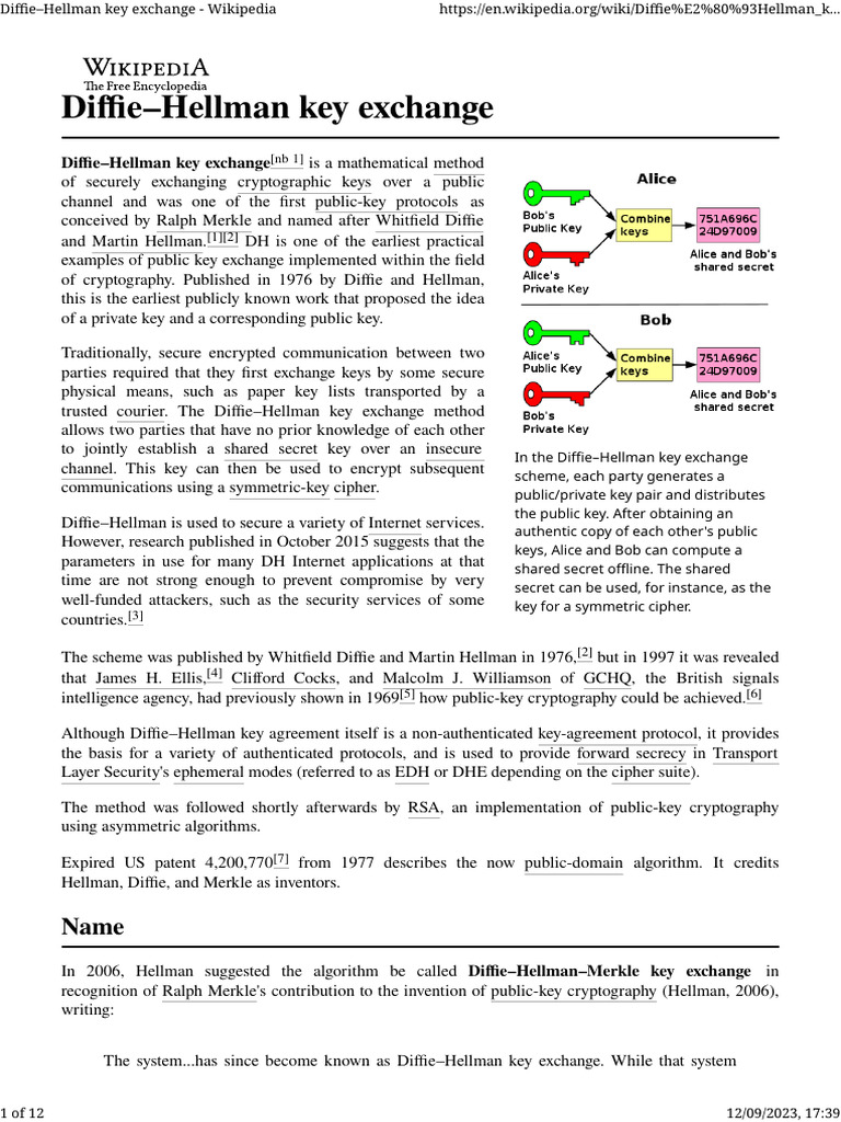 Diffie-Hellman Key Exchange - Wikipedia | PDF | Key (Cryptography ...
