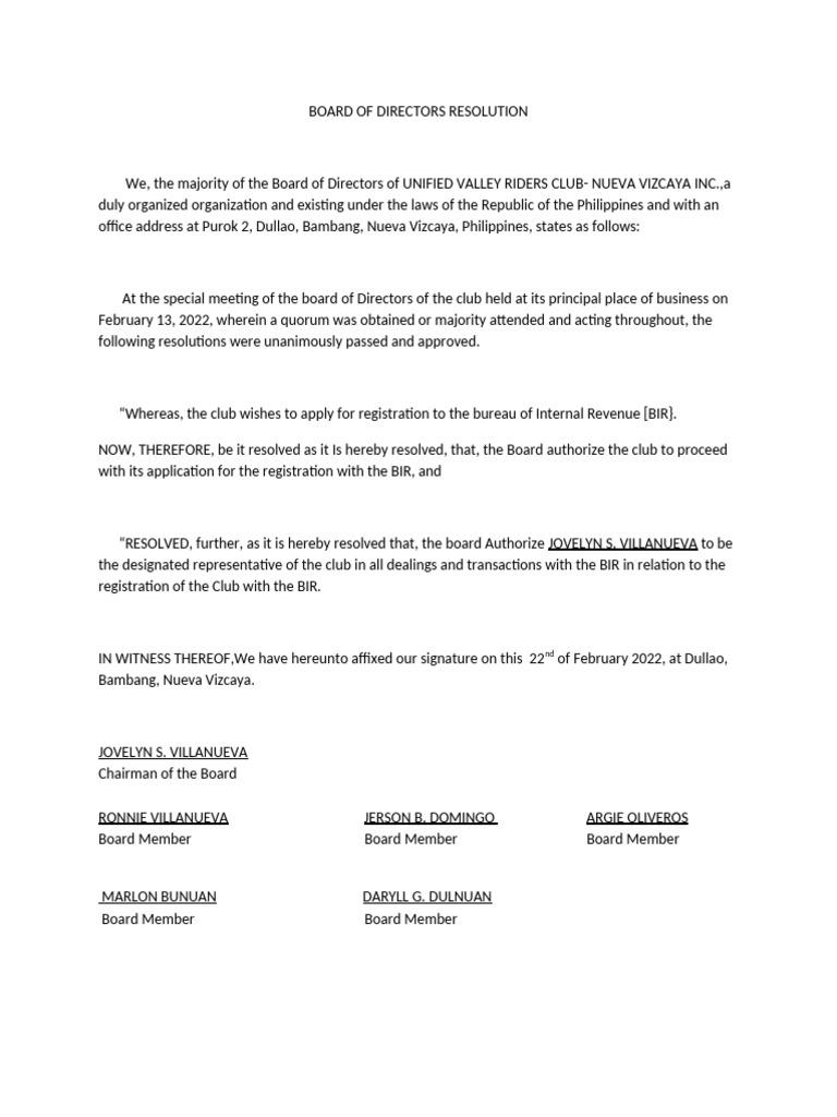 Unified Valley Riders Club BIR Resolution | PDF