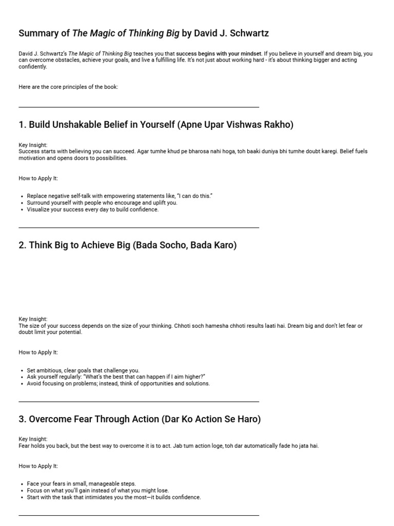 First Book Summary - The Magic of Thinking Big | PDF | Behavior ...