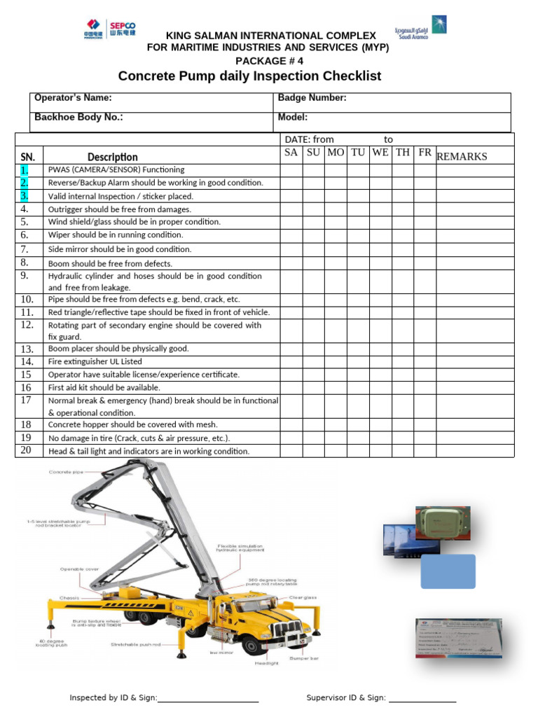 Concrete Pump Daily Inspection Checklist | PDF