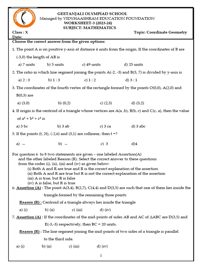 Class 10 Coordinate Geometry Worksheet | PDF | Triangle | Circle