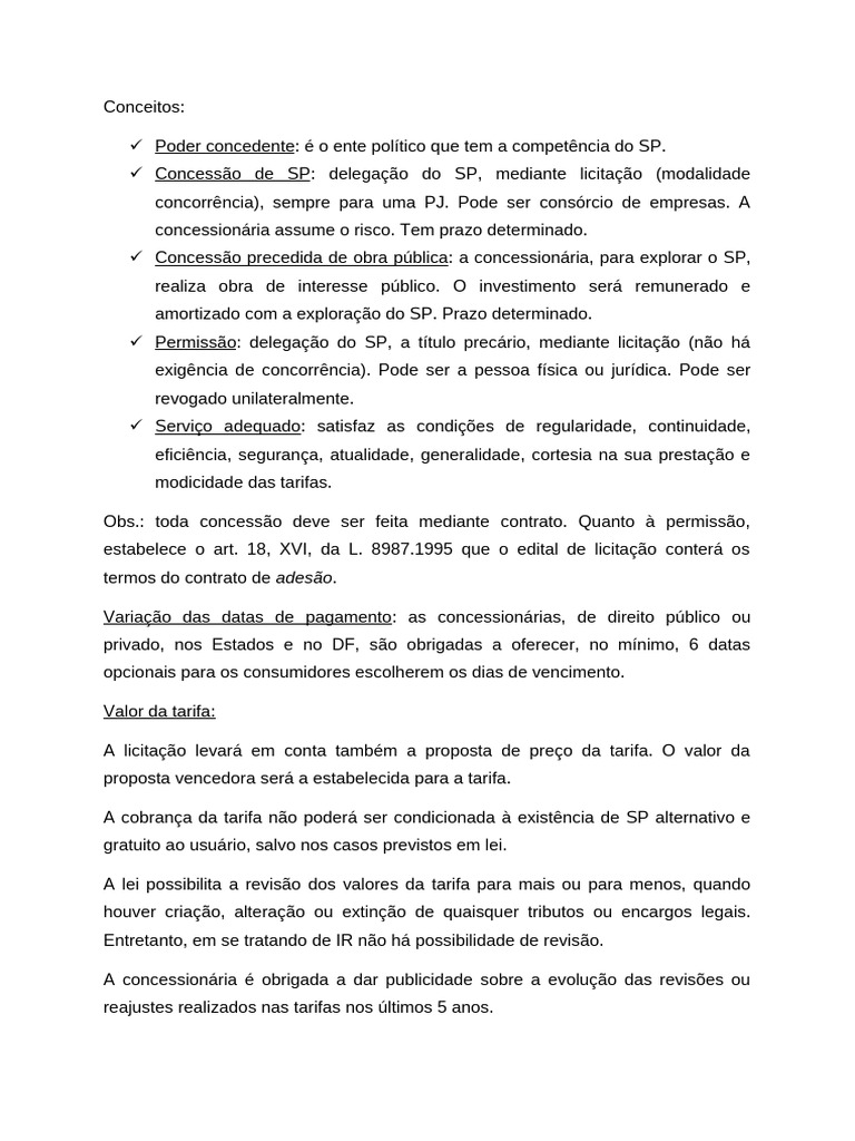 Concessão de Serviços Públicos: Definições e Regras | PDF | Indenização ...