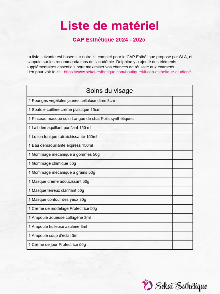 Matériel CAP Esthétique 2024-2025 | PDF
