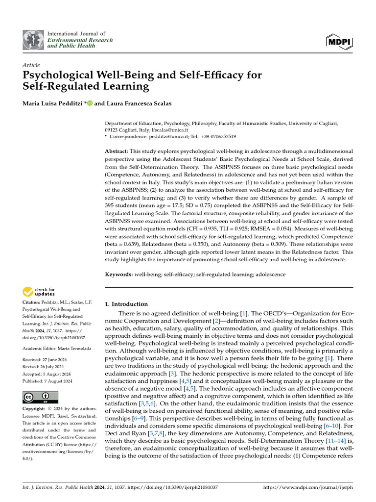 Ijerph 21 01037 | PDF | Self Efficacy | Well Being