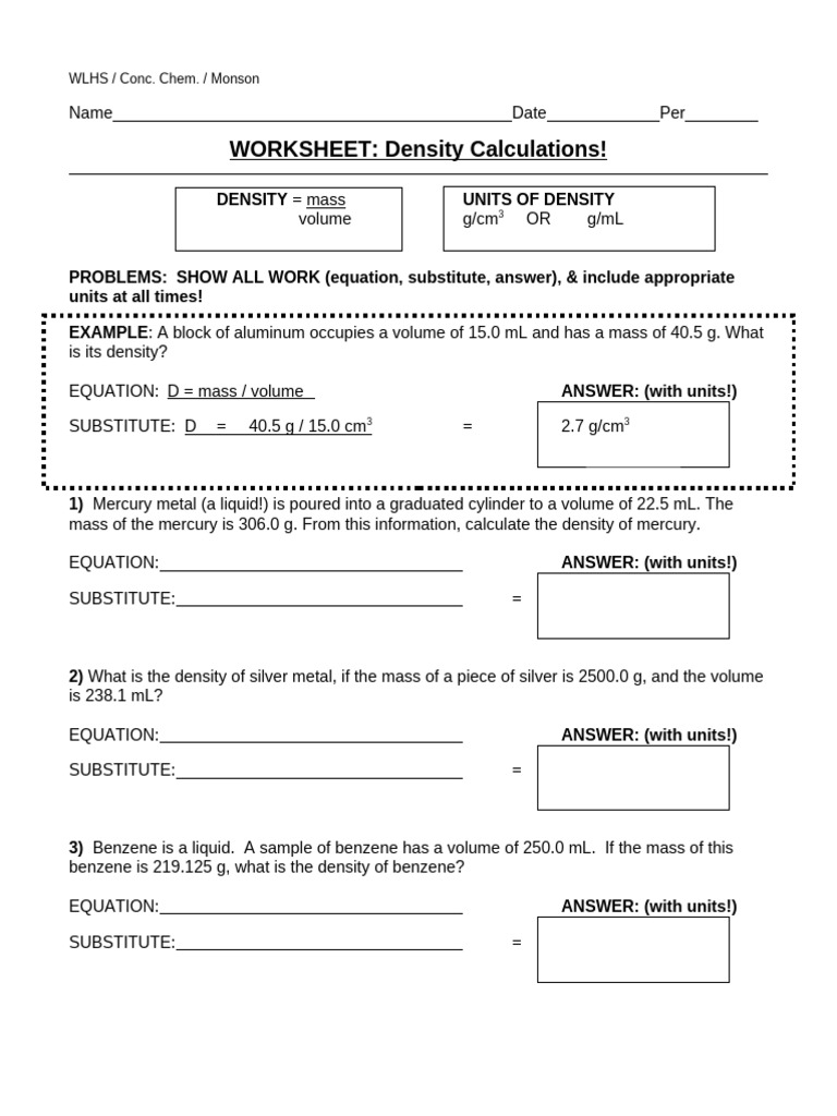 HANDOUT - Density Worksheet | PDF | Density | Volume