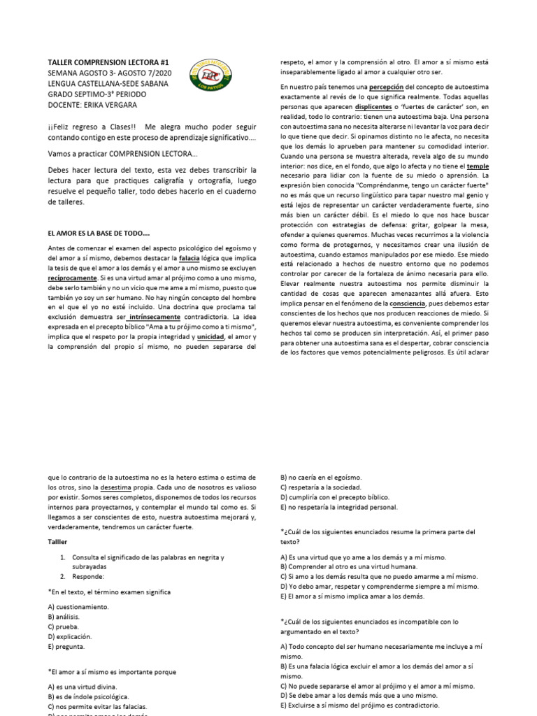 Taller de Comprensión Lectora: Amor y Autoestima | PDF | Amor | Autoestima