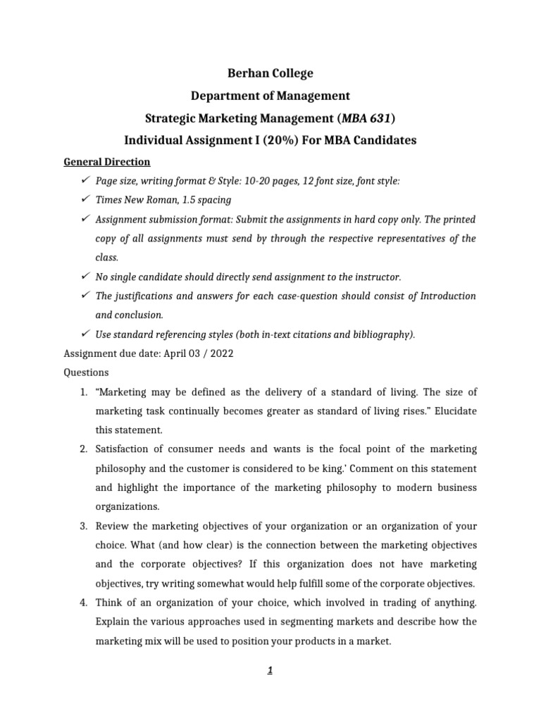 Strategic Marketing Individual and Group Assignments For MBA STUDENTS ...
