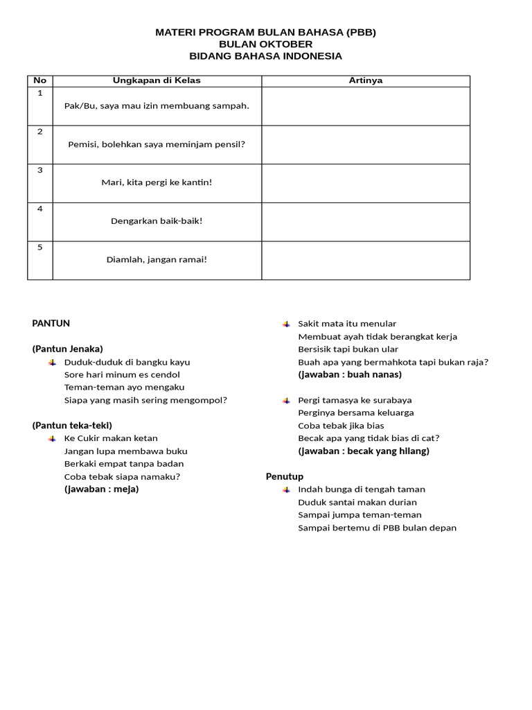Materi Program Bulan Bahasa 2023 | PDF