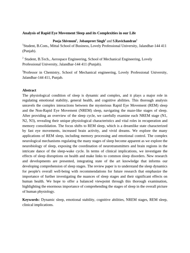 Analysis of Rapid Eye Movement Sleep and Its Complexities in Our Life ...