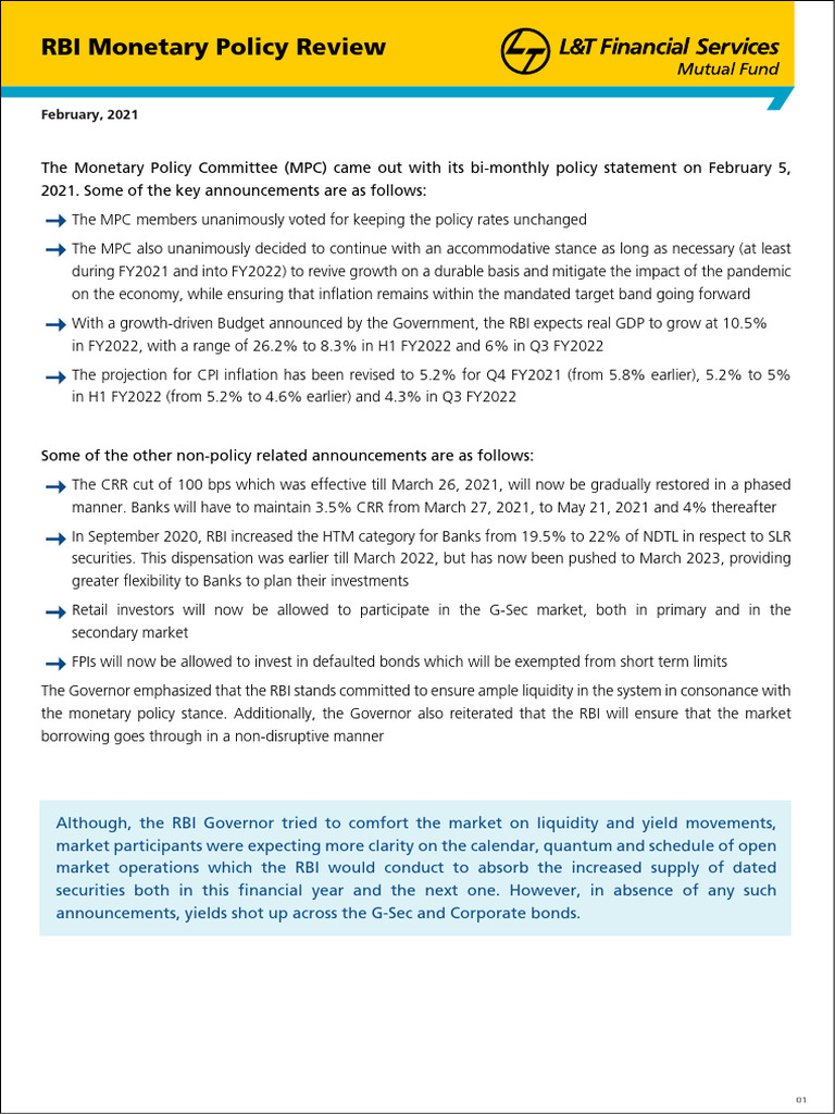 RBI February 2021 Monetary Policy Review | PDF | Investing | Reserve ...