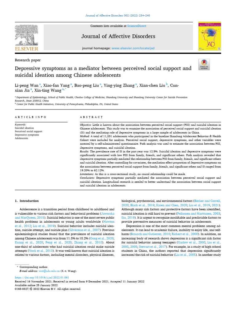 WAN, 2022 - Depressive Symptoms As A Mediator Between Perceived Social ...
