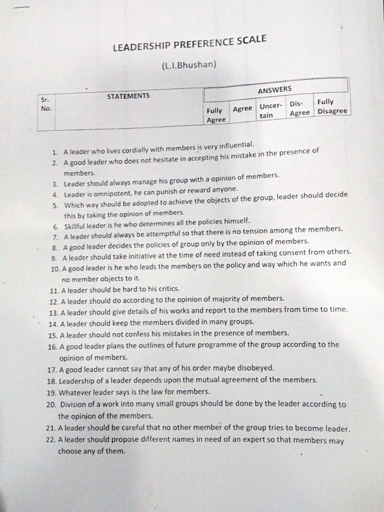 Leadership Preference Scale by L.I. Bhushan | PDF