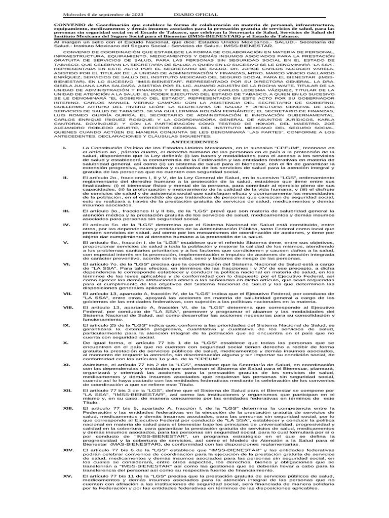 Convenio Salud Gratuita Tabasco 2023 | PDF | Bienestar | México