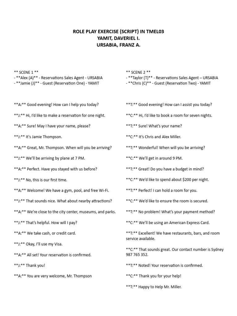 Hotel Reservation Role Play Script | PDF