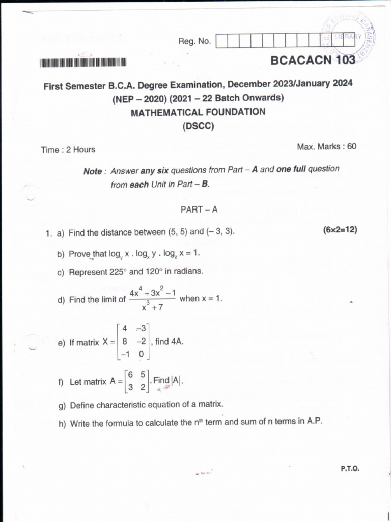 BCA I Semester Mathematical Foundation NEP Jan 2024 | PDF