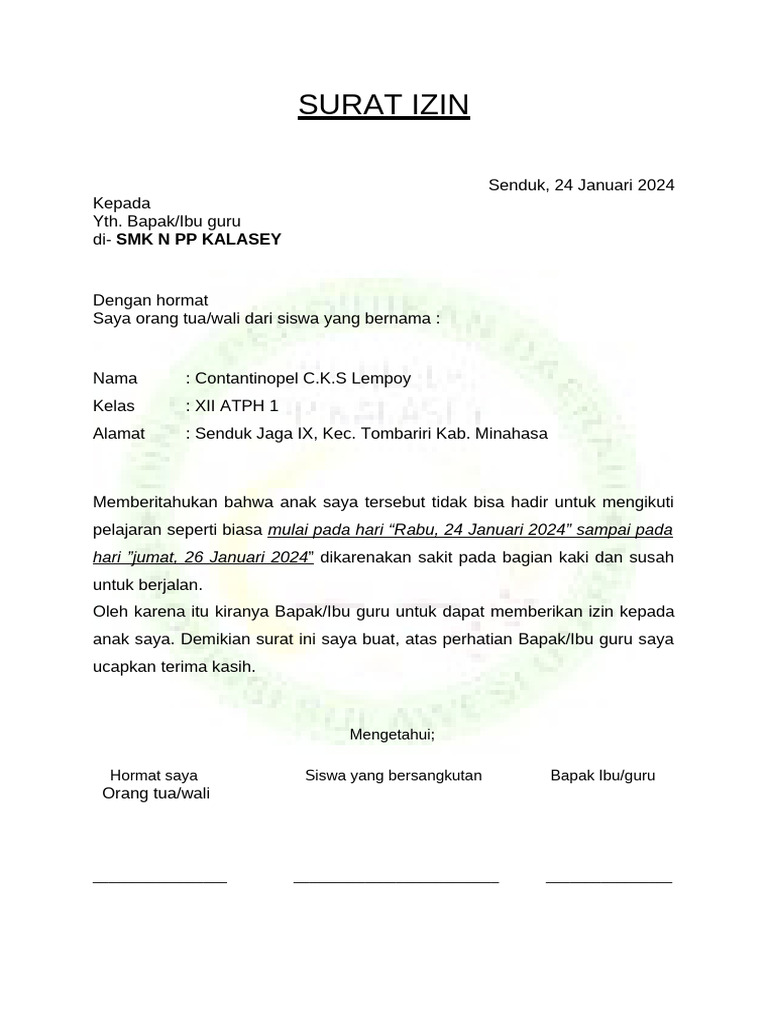 Surat Izin Siswa Sakit Januari 2024 | PDF