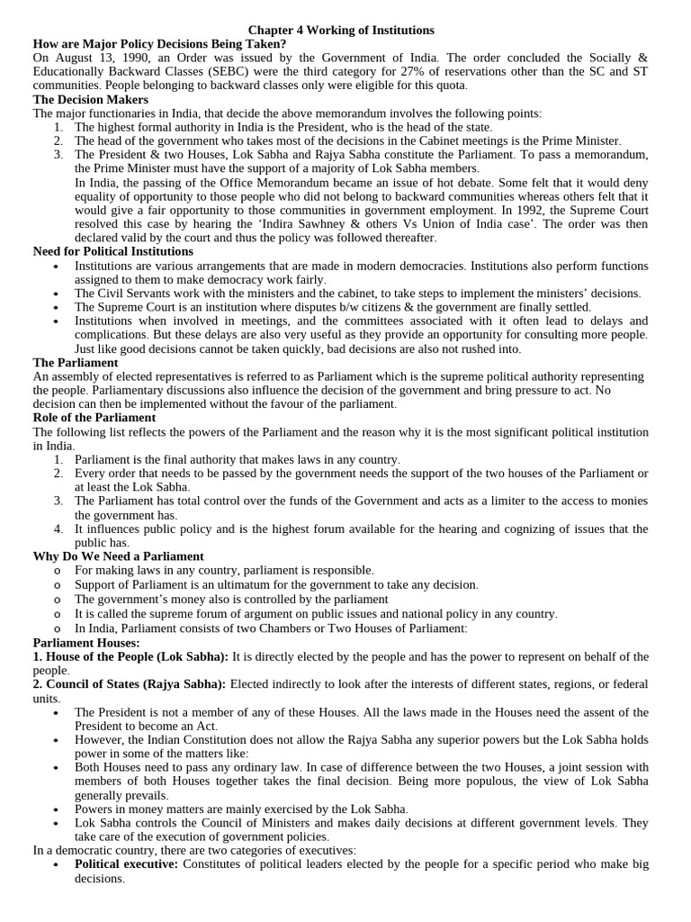 Chapter 4 Working of Institutions | PDF | Judiciaries | Cabinet ...