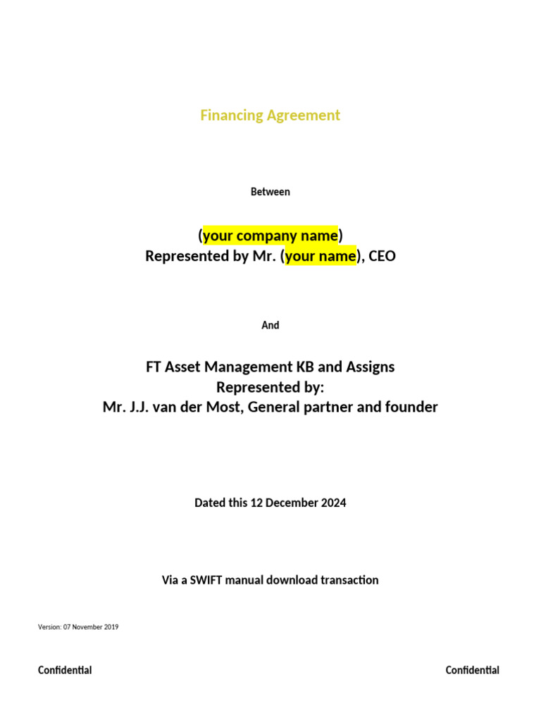 Financing Agreement with FT Asset Management | PDF | Banks | Wire Transfer