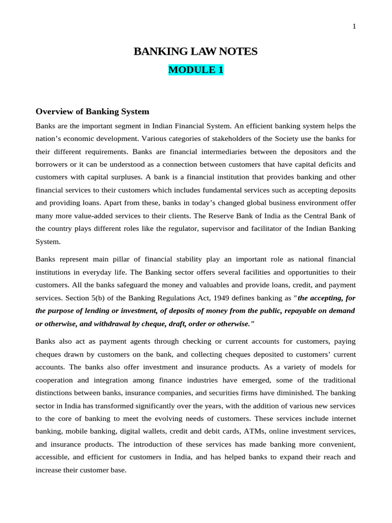 Overview of Indian Banking Law | PDF | Banks | Reserve Bank Of India
