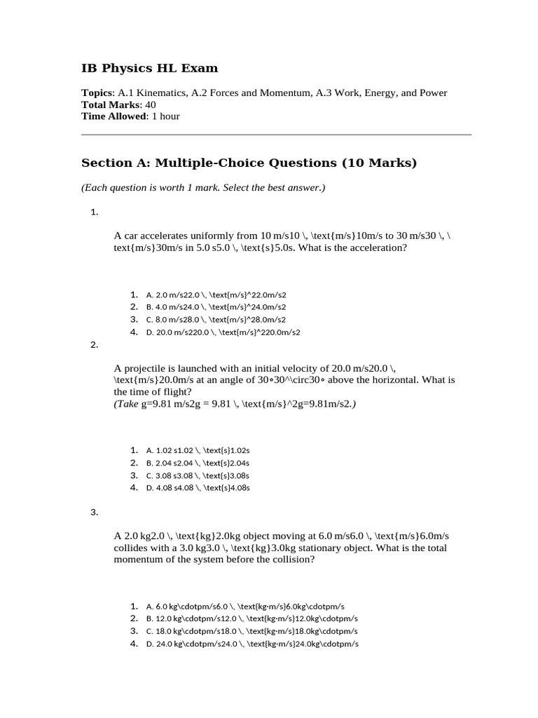 Ib Physics Hl Exam Pdf Collision Physical Sciences