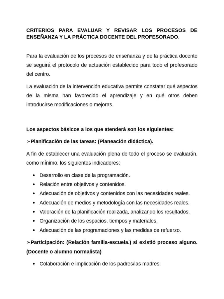 Criterios para Evaluar y Revisar Los Procesos de Enseñanza y La ...