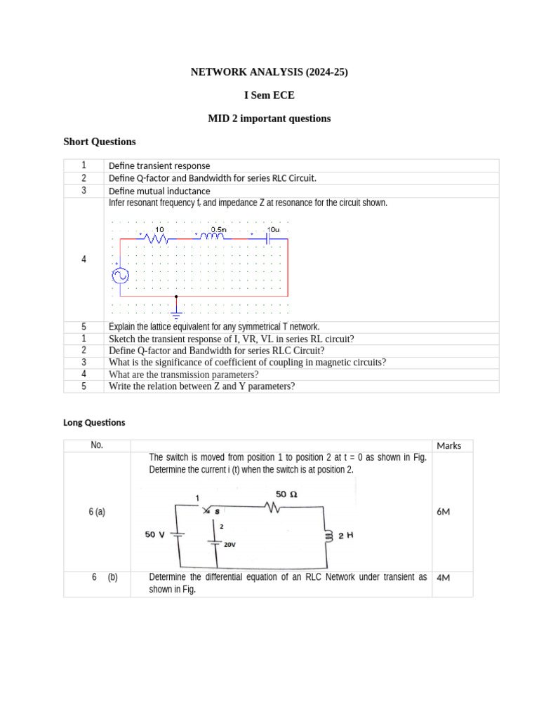 NA Mid 2 Imp Questions | PDF | Inductance | Resonance