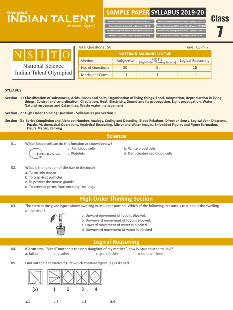 Science Olympiad Sample Paper 2019-20 | PDF | Blood