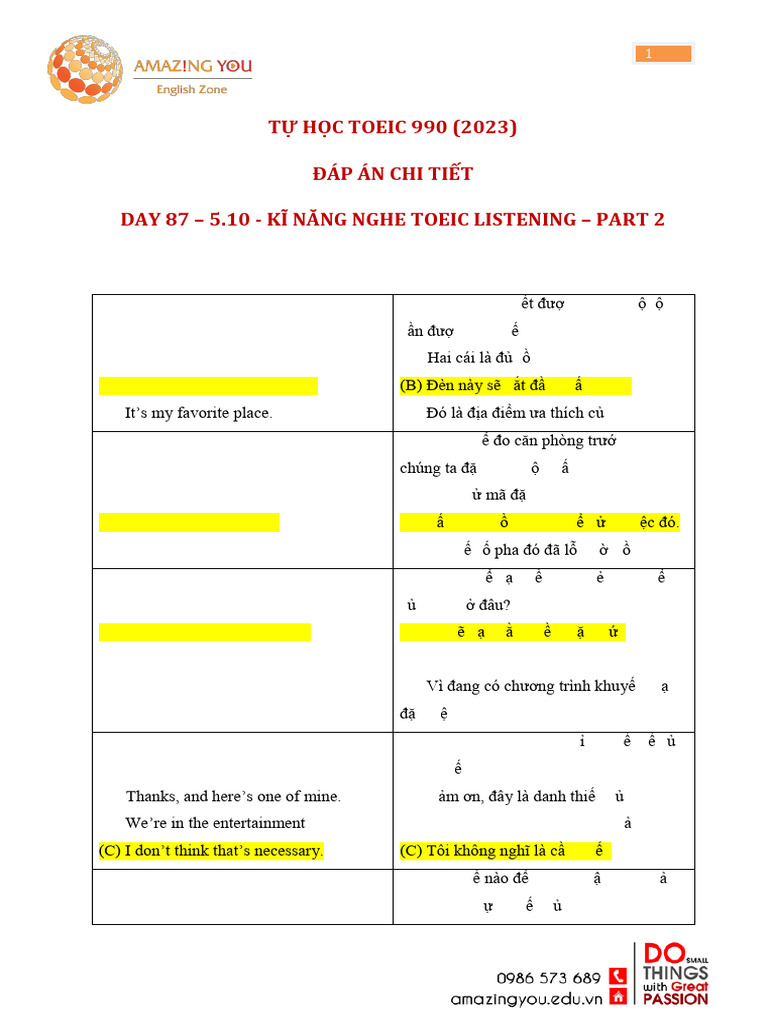 ĐÁP ÁN Day 87 - 5.10 - TOEIC Listening Part 2 | PDF