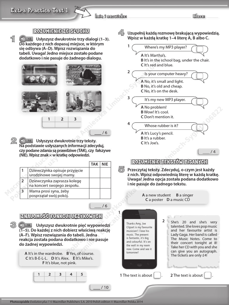 EvolutionPlus Klasa4 Extra Practice Test 1 | PDF